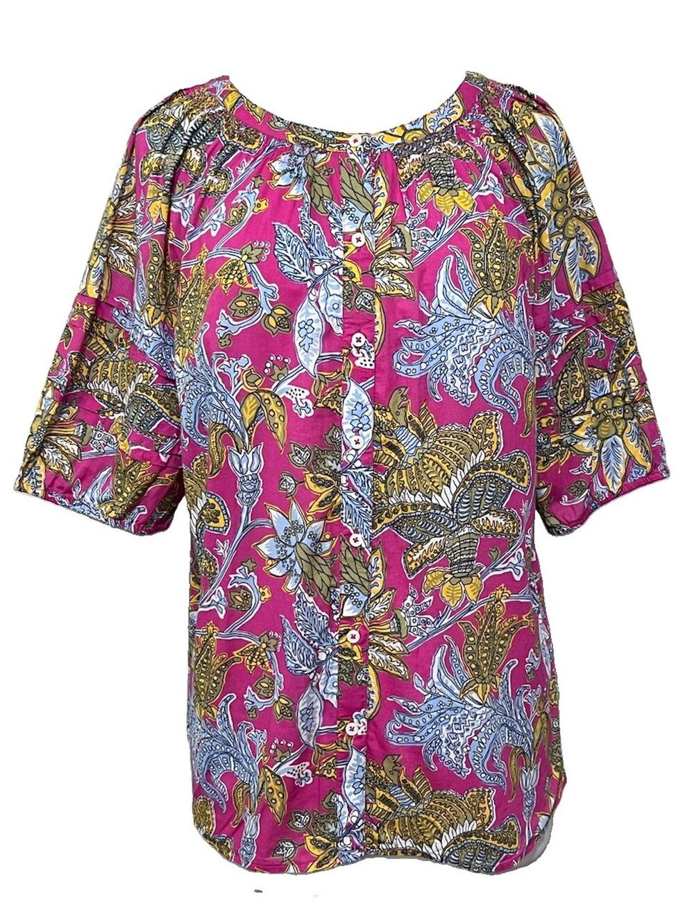 Talbots Shirt 100% Cotton Lightweight Pink Botanical Floral Vibrant Ladies Large